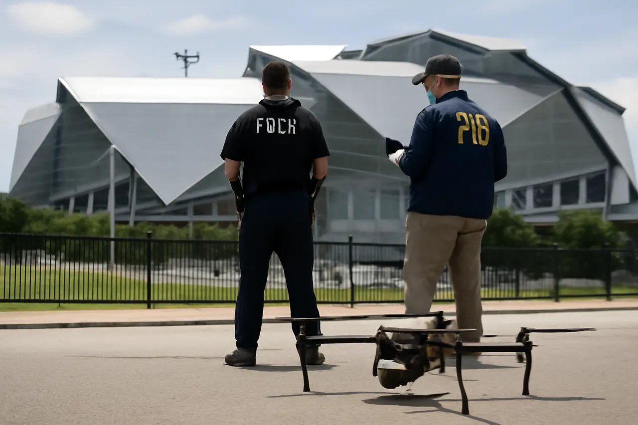 Grounded editorial scene illustrating Ahead of the World Cup semifinals at Atlanta Stadium, authorities have intensified drone surveillance and enforcement to ensure security.
