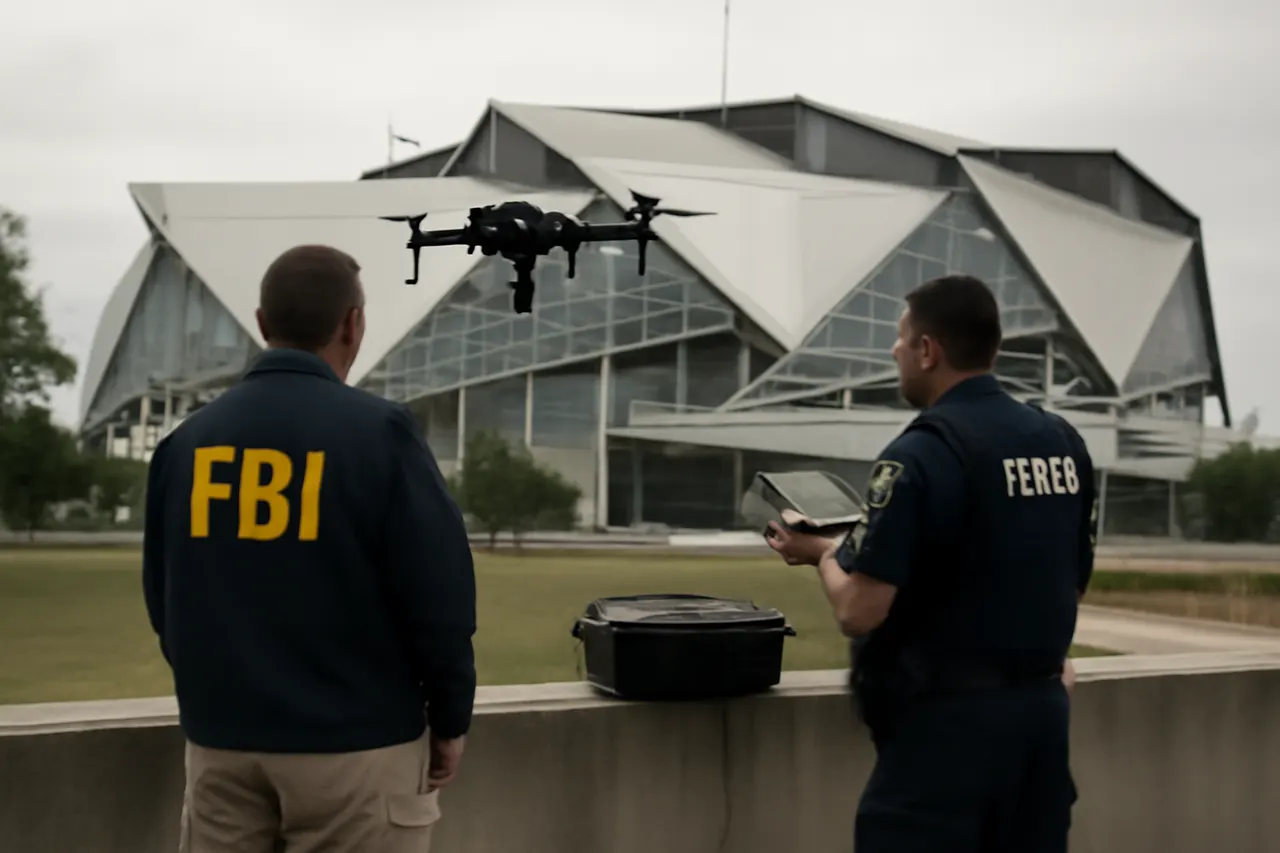 Grounded editorial scene illustrating Ahead of the World Cup semifinals at Atlanta Stadium, federal and local authorities intensify drone surveillance and enforcement to ensure security.