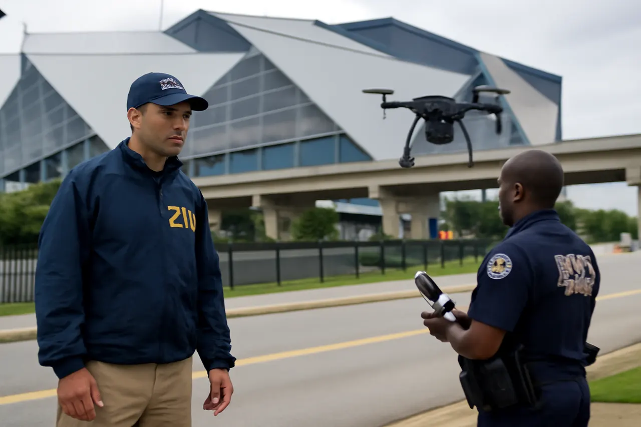 Grounded editorial scene illustrating Ahead of the World Cup semifinals at Atlanta Stadium, authorities have intensified drone surveillance and enforcement to ensure safety.