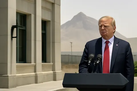 Grounded editorial scene illustrating US President Donald Trump has issued a threat to target a heavily-fortified underground nuclear site in Iran known as Pickaxe Mountain.
