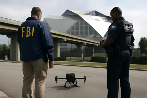 Grounded editorial scene illustrating Ahead of the World Cup semifinals at Atlanta Stadium, authorities have intensified efforts to detect and safely land unauthorized drones in restricted airspace.