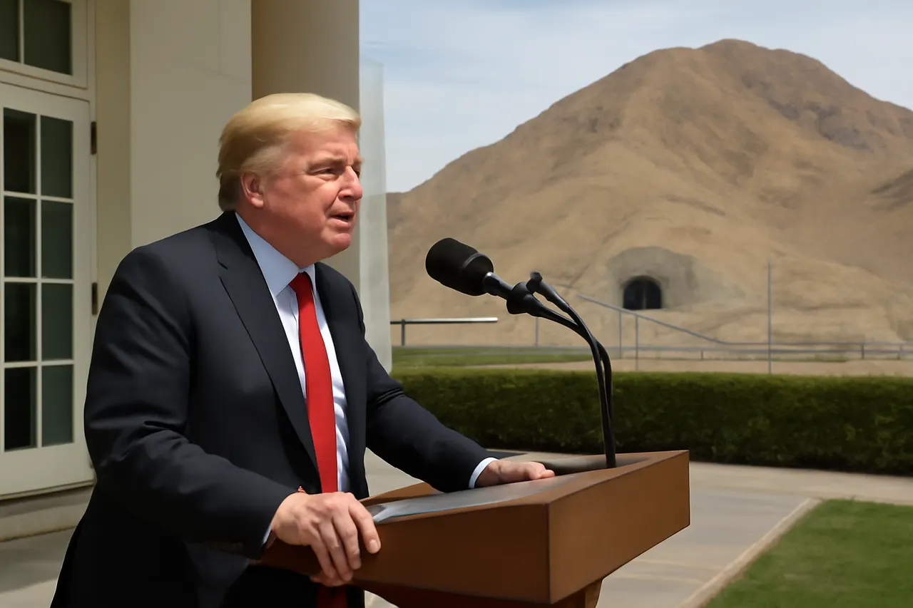 Grounded editorial scene illustrating US President Donald Trump has issued a threat to target a heavily-fortified underground nuclear site in Iran known as Pickaxe Mountain.
