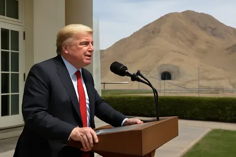 Grounded editorial scene illustrating US President Donald Trump has issued a threat to target a heavily-fortified underground nuclear site in Iran known as Pickaxe Mountain.