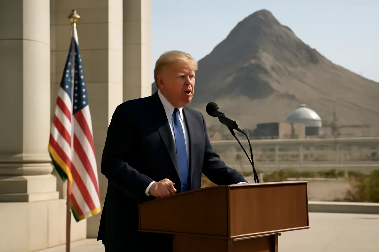 Grounded editorial scene illustrating US President Donald Trump has issued a threat to target a heavily-fortified underground nuclear site in Iran known as Pickaxe Mountain.