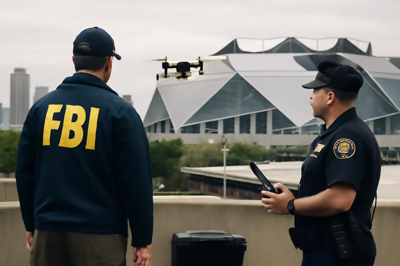 Grounded editorial scene illustrating Ahead of the World Cup semifinals at Atlanta Stadium, federal and local authorities intensify drone surveillance and enforcement to ensure event security.
