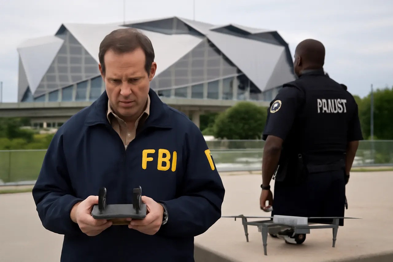 Grounded editorial scene illustrating Ahead of the World Cup semifinals at Atlanta Stadium, federal and local authorities intensify drone surveillance and enforcement to ensure event security.