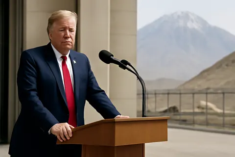 Grounded editorial scene illustrating US President Donald Trump has issued a threat to strike a heavily-fortified underground nuclear site in Iran known as Pickaxe Mountain.