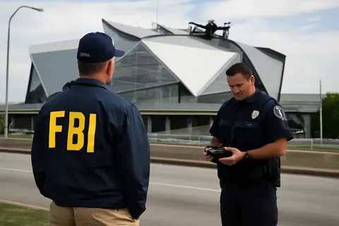 Grounded editorial scene illustrating Ahead of the World Cup semifinals at Atlanta Stadium, authorities have intensified drone surveillance and enforcement to ensure security and prevent disruptions.