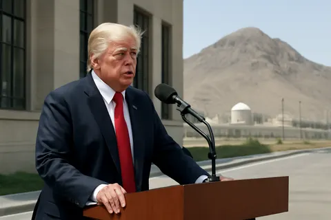 Grounded editorial scene illustrating US President Donald Trump has issued a threat to target a heavily-fortified underground nuclear site in Iran known as Pickaxe Mountain.