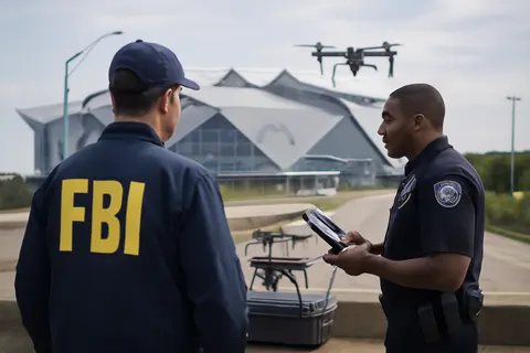 Grounded editorial scene illustrating Ahead of the World Cup semifinals at Atlanta Stadium, authorities have intensified drone surveillance and enforcement to ensure security and safety.