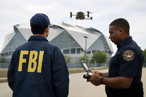 Grounded editorial scene illustrating Ahead of the World Cup semifinals at Atlanta Stadium, authorities have intensified efforts to detect and safely land unauthorized drones in restricted airspace.