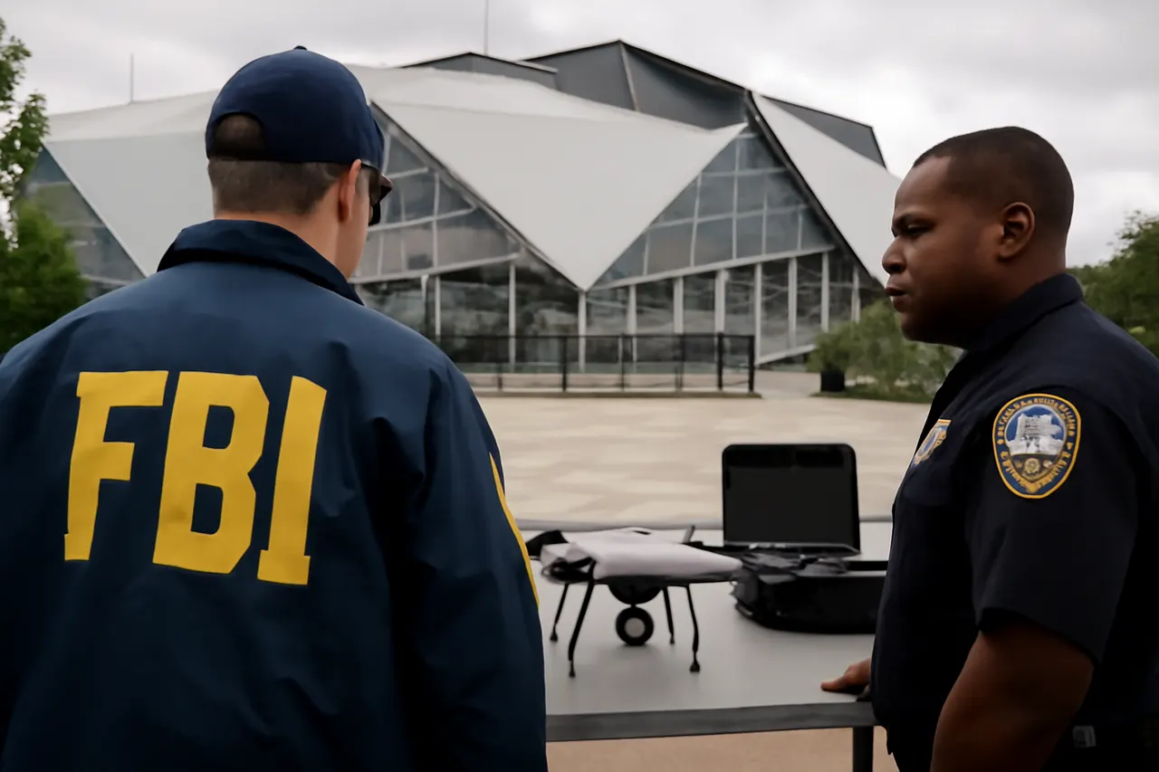 Grounded editorial scene illustrating Ahead of the World Cup semifinals at Atlanta Stadium, authorities have intensified efforts to detect and confiscate unauthorized drones to ensure spectator safety.