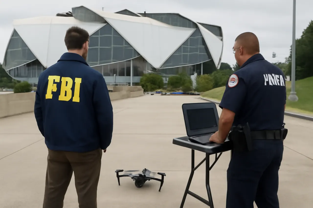 Grounded editorial scene illustrating Ahead of the World Cup semifinals at Atlanta Stadium, federal and local authorities intensify efforts to detect and manage unauthorized drone activity to ensure public safety.