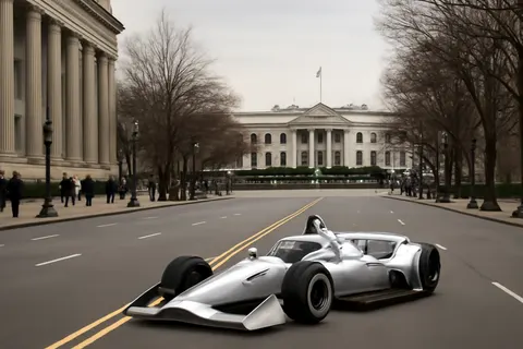 Grounded editorial scene illustrating President Donald Trump showcased INDYCAR vehicles ahead of the first-ever race through the nation’s capital, set for August 22-23, 2026, drawing significant public interest.