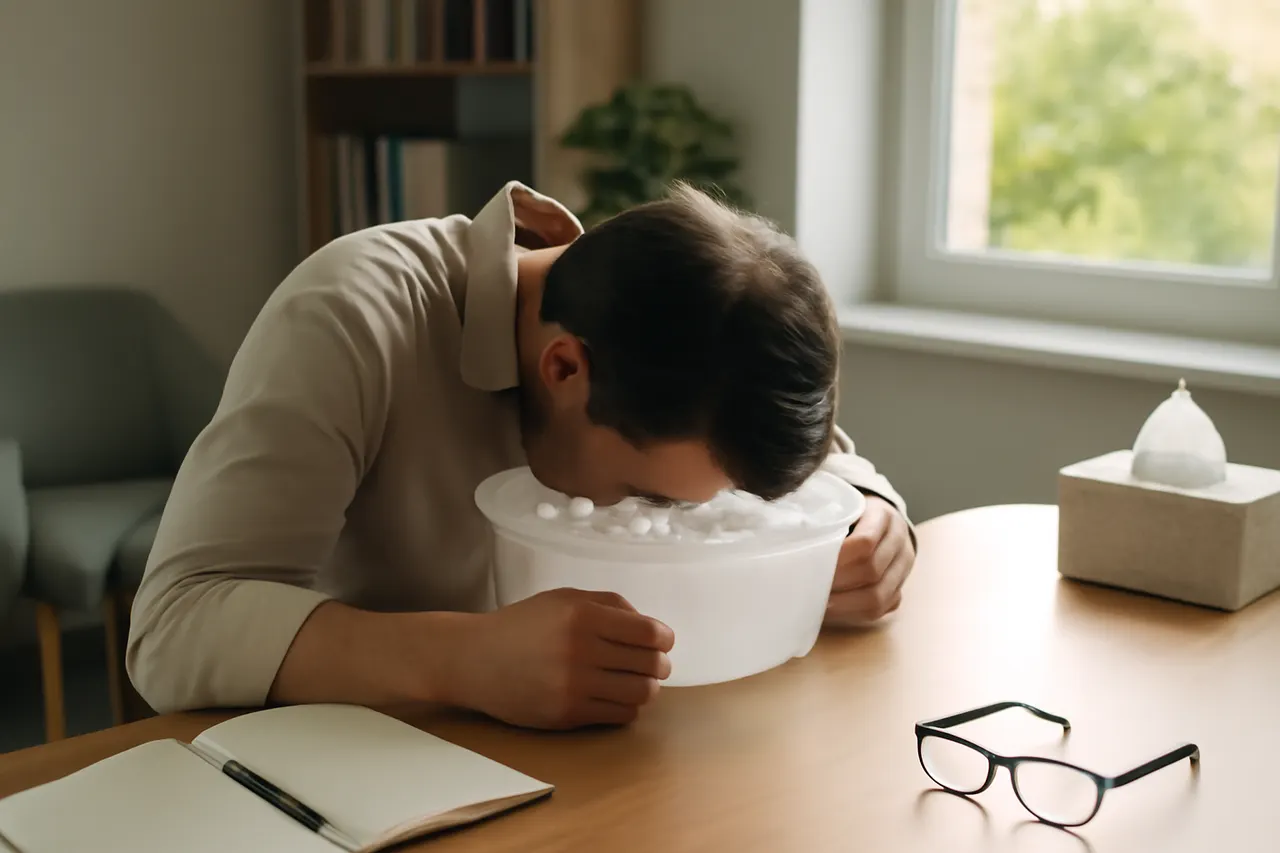 Grounded editorial scene illustrating Among the techniques is dunking your head into ice water to activate the mammalian dive reflex.