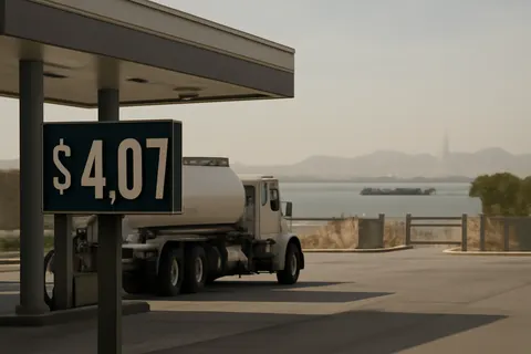 Grounded editorial scene illustrating Rising tensions in the Middle East and recent military casualties coincide with renewed fears of global oil shortages, pushing U.S. gas prices back above $4 per gallon.