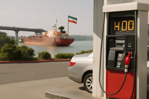 Grounded editorial scene illustrating Average petrol prices in the United States have reached $4.00 per gallon, driven by escalating tensions between the US and Iran and a naval blockade announced by Yemen’s Houthis against Saudi Arabia.
