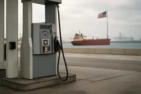 Grounded editorial scene illustrating Average petrol prices in the United States have climbed to $4.00 per gallon, driven by escalating tensions between the US and Iran and a naval blockade announced by Yemen’s Houthis against Saudi Arabia.