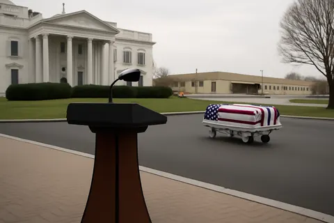 Grounded editorial scene illustrating President Trump will travel to Delaware to observe the return of three U.S. soldiers killed in recent Middle East hostilities involving Iran.