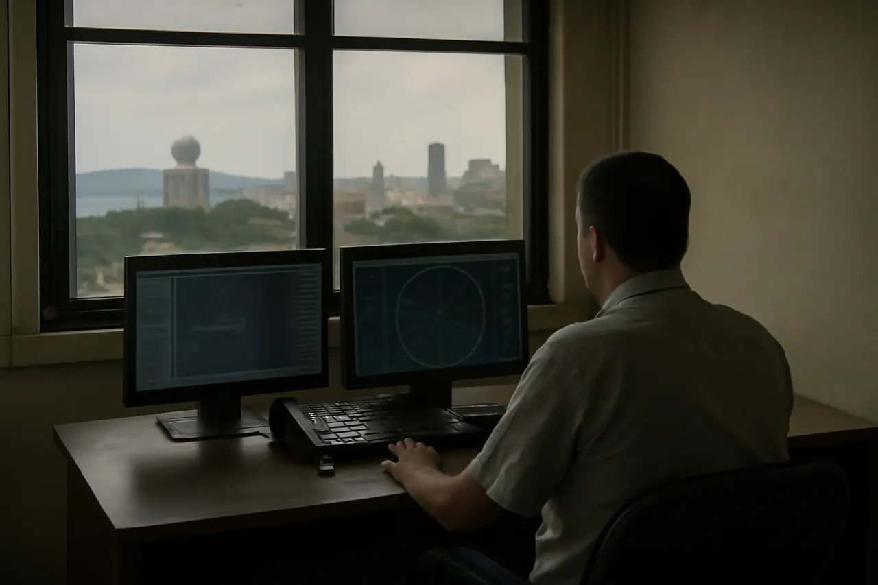 Grounded editorial scene illustrating A recent State Department report alleges China has expanded its intelligence presence in Cuba, using the island as a strategic base to surveil US military activities.
