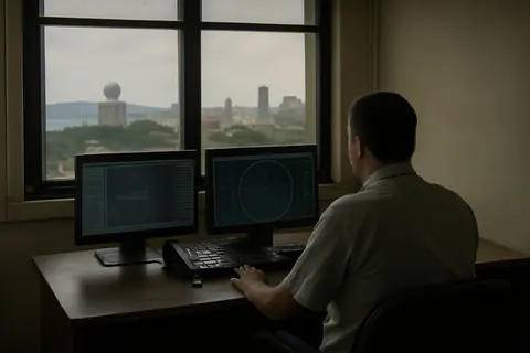 Grounded editorial scene illustrating A recent State Department report alleges China has expanded its intelligence presence in Cuba, using the island as a strategic base to surveil US military activities.