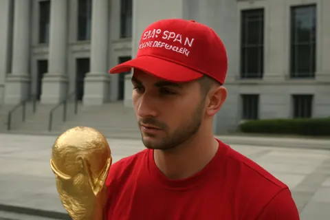 Grounded editorial scene illustrating Spain's World Cup hero Ferran Torres celebrated the 2026 FIFA World Cup win with a hat nodding to Donald Trump's slogan during the team's homecoming parade.