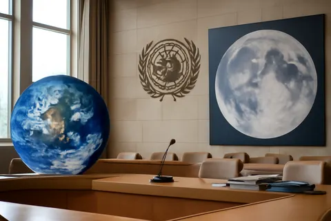 Grounded editorial scene illustrating The United Nations highlights environmental concerns amid rising space activity and calls for early sustainability measures in lunar missions.
