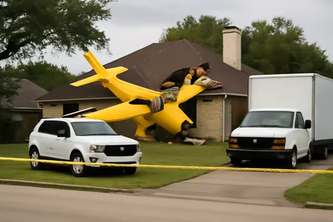 Grounded editorial scene illustrating A bright yellow plane crashed into a residence while attempting to land at a private airstrip. The pilot sustained minor injuries.