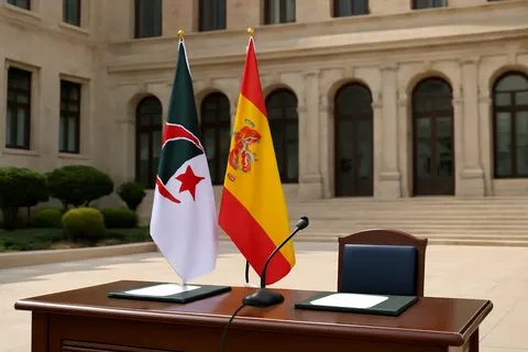 Grounded editorial scene illustrating Pedro Sanchez’s visit to Algeria marks the first in four years, aiming to restore relations strained by Spain’s 2022 support for Morocco’s claim over Western Sahara.