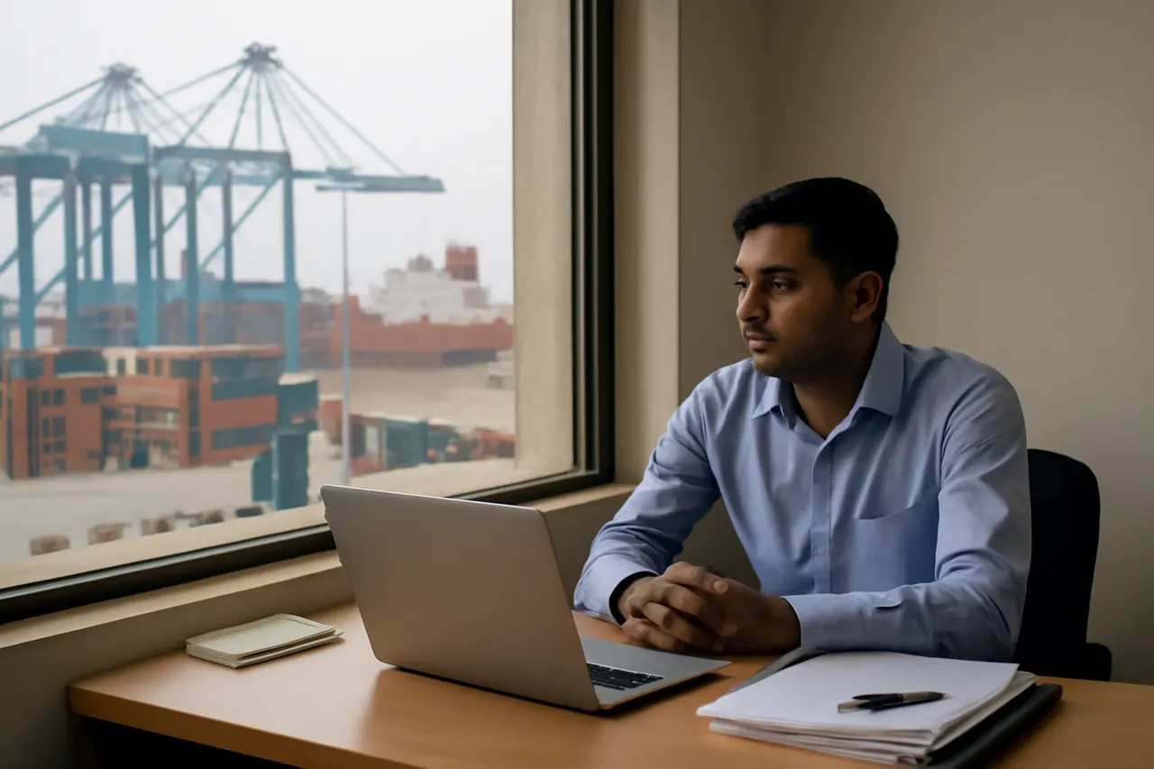 Industrial port worker overlooking bulk-material handling equipment and a cargo vessel.