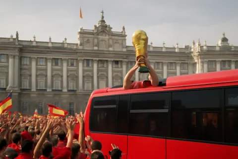 Grounded editorial scene illustrating Spain celebrates the triumphant return of its World Cup-winning team with nationwide festivities.