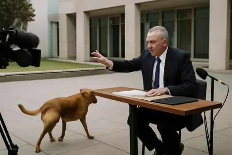 Grounded editorial scene illustrating During a live interview on ABC, former deputy prime minister Barnaby Joyce was distracted by a misbehaving dog, prompting him to bark 'Sit down!' on air.