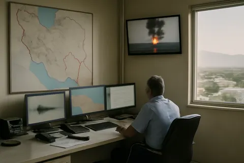 Grounded editorial scene illustrating On July 21, 2026, multiple explosions were reported in key Iranian locations as the US launched a new wave of attacks, while Tehran accused Gulf states of being targeted and reported two tankers on fire in the Strait of Hormuz.