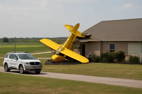 Grounded editorial scene illustrating A bright yellow plane crashed into a residence while attempting to land at a private airstrip. The pilot sustained minor injuries.