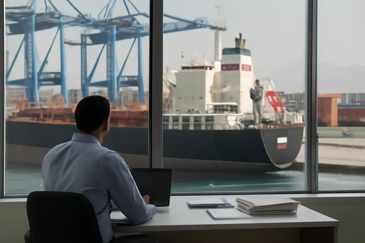 Industrial port worker overlooking bulk-material handling equipment and a cargo vessel.