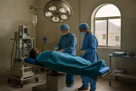 Grounded editorial scene illustrating WHO-led program funded by OCHA’s Yemen Humanitarian Fund expands emergency surgery, maternal and child health services, and outbreak response in conflict-affected districts.