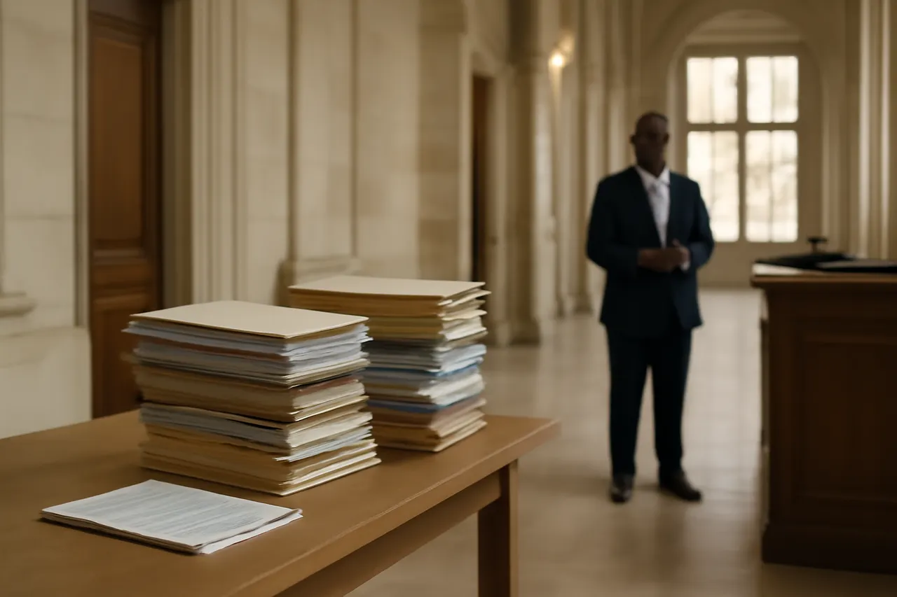 Quiet courthouse or legal-work setting with documents and civic architecture.