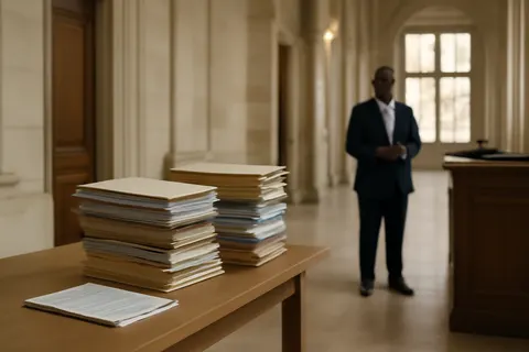 Quiet courthouse or legal-work setting with documents and civic architecture.