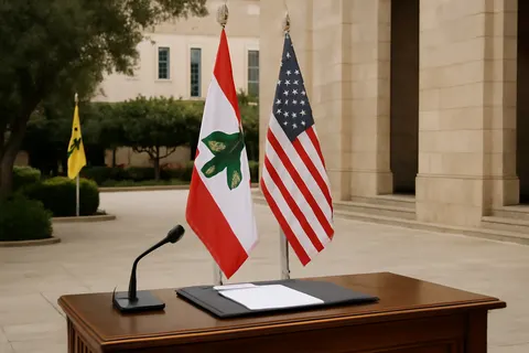 Grounded editorial scene illustrating Lebanese President Joseph Aoun plans to present a disarmament plan for Hezbollah to US President Donald Trump as Israel conditions troop withdrawal on Hezbollah's disarmament.