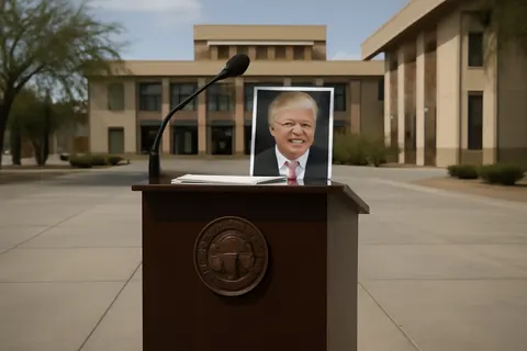 Grounded editorial scene illustrating President Donald Trump’s endorsement power is under scrutiny as Arizona holds GOP primaries that could shape control of the House majority and the governor’s office.