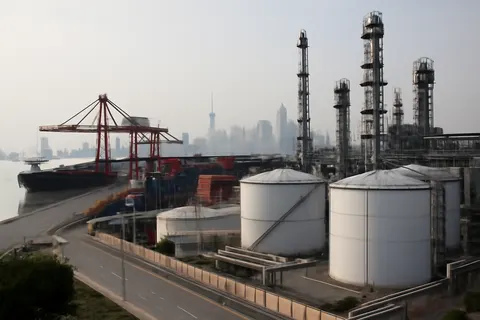 Industrial port worker overlooking bulk-material handling equipment and a cargo vessel.