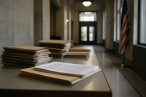 Quiet courthouse or legal-work setting with documents and civic architecture.