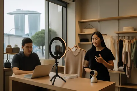 Grounded editorial scene illustrating Following a study trip to Hangzhou, Singapore retailers are restructuring teams, investing in technology, and redesigning stores to enhance customer engagement and sales.