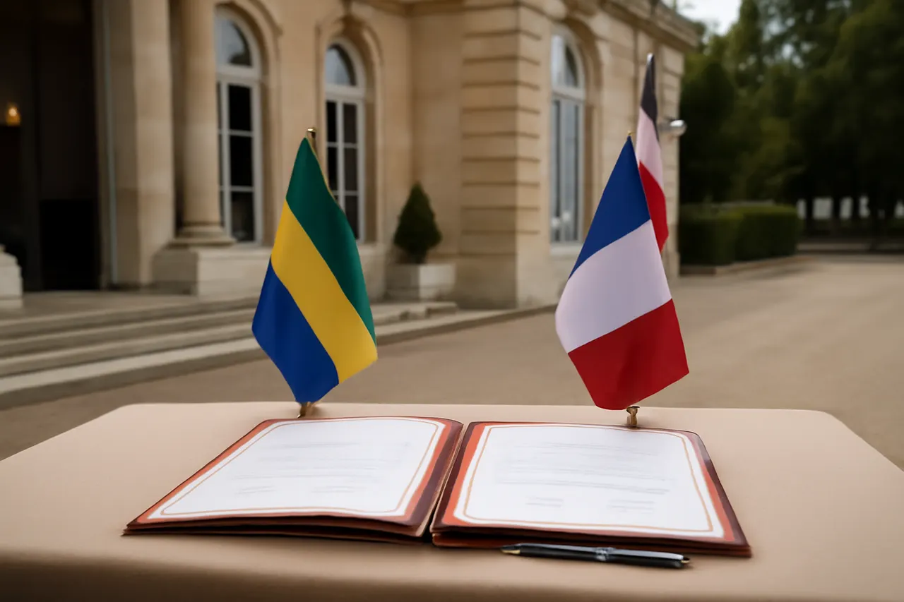 Grounded editorial scene illustrating Gabonese President Brice Oligui Nguema and French President Emmanuel Macron formalize cooperation with three strategic agreements, including a key manganese processing deal.