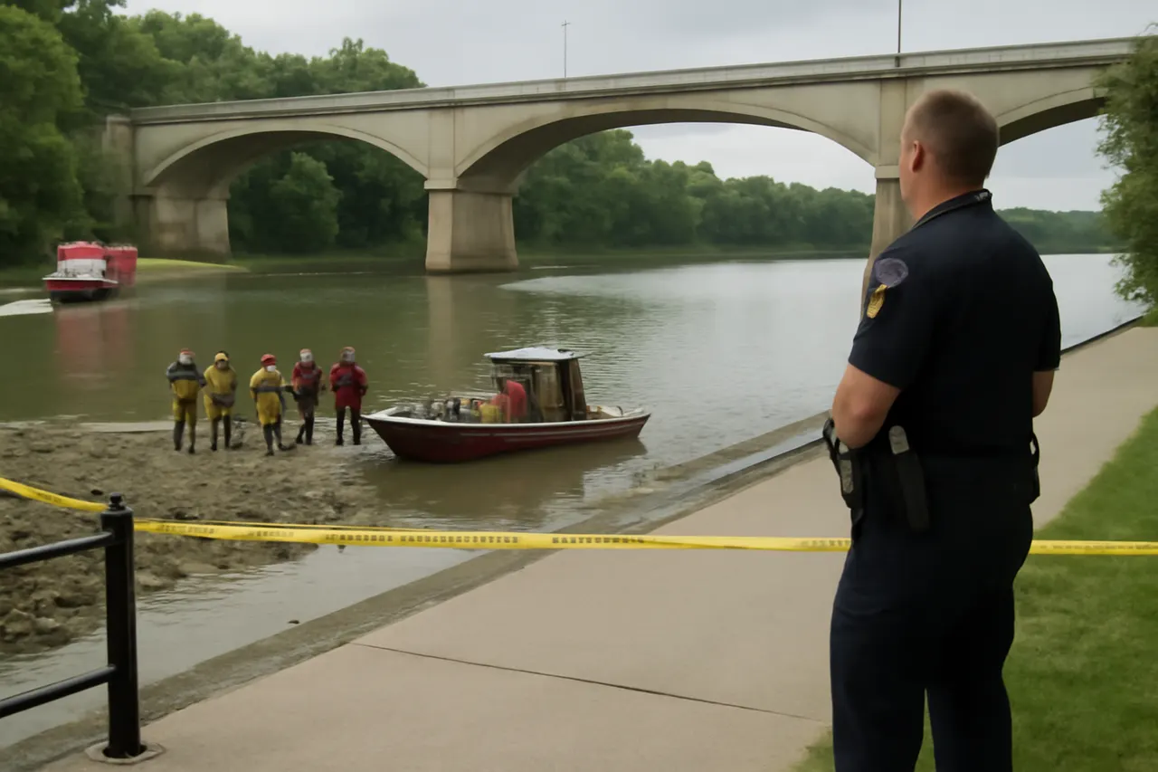 Grounded editorial scene illustrating A group gathered by the Scioto River in Powell, Ohio, suffered a fatal tragedy after multiple people entered the water to help a swimmer in distress.