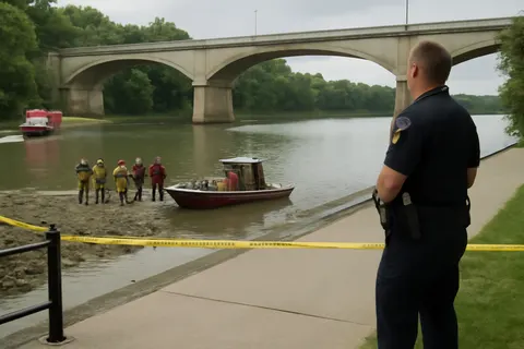 Grounded editorial scene illustrating A group gathered by the Scioto River in Powell, Ohio, suffered a fatal tragedy after multiple people entered the water to help a swimmer in distress.