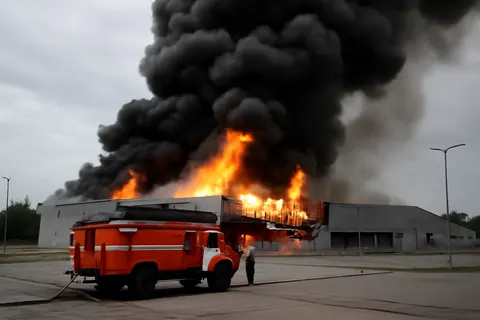 Grounded editorial scene illustrating A major fire broke out at a shopping centre in Sumy, Ukraine, after it was struck by Russian drones on July 21, 2026.