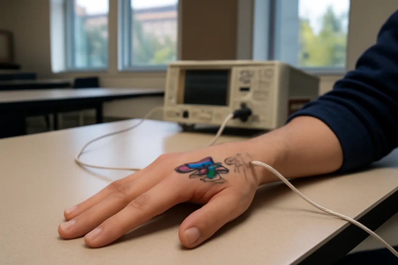 Grounded editorial scene illustrating Engineers at Penn State have created a conductive ink-based electronic tattoo that tracks ECG, EMG, and EEG signals while resembling body art.