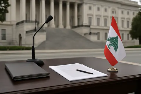 Grounded editorial scene illustrating Aoun seeks US support for Israeli withdrawal from southern Lebanon and backing for Lebanese army control in Hezbollah-dominated areas.