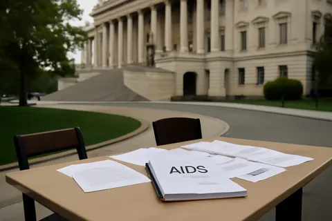 Grounded editorial scene illustrating PEPFAR disruptions have led to clinic closures, job losses, and a decline in HIV treatment services across dozens of countries.